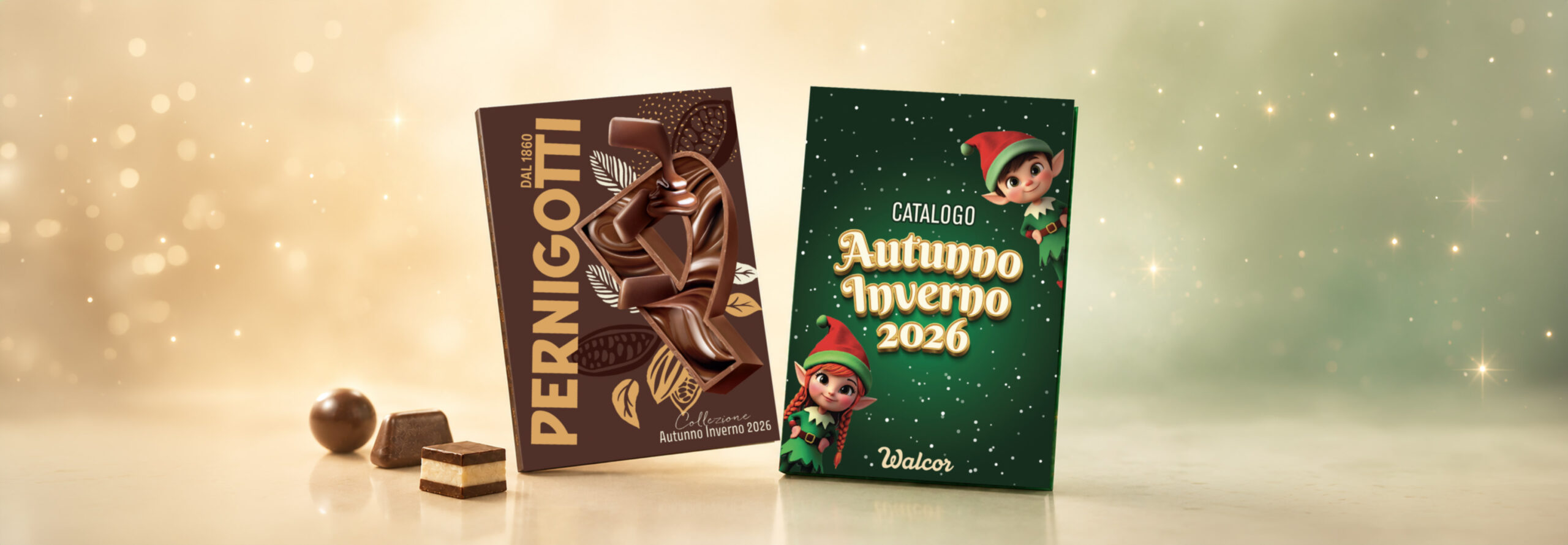 Two holiday chocolate gift boxes stand on a reflective surface with a gold bokeh background; one brown chocolate bar box and one green festive box with elves.