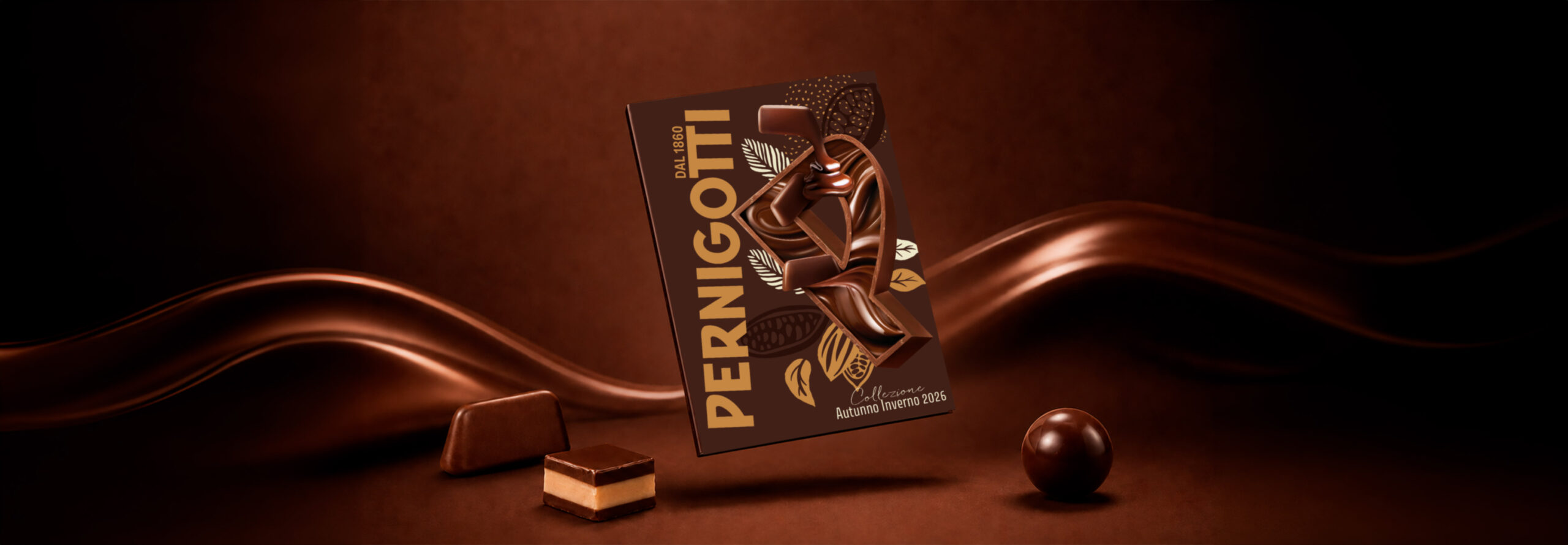 Pernigotti chocolate box tilted in a chocolate-brown studio scene with flowing cocoa ribbons and pieces of chocolate nearby.