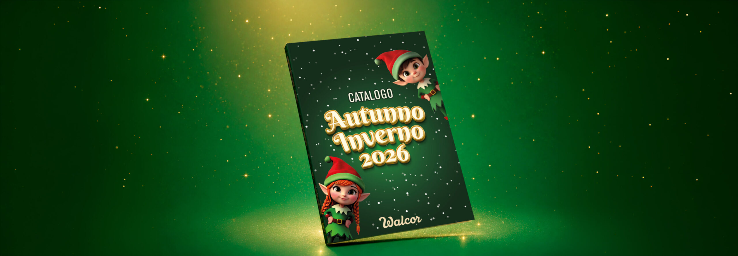 Tilting green catalog cover with gold 'Autunno Inverno 2026' text, two festive cartoon elves, and falling snow, Walcor logo at the bottom—a holiday catalog image.