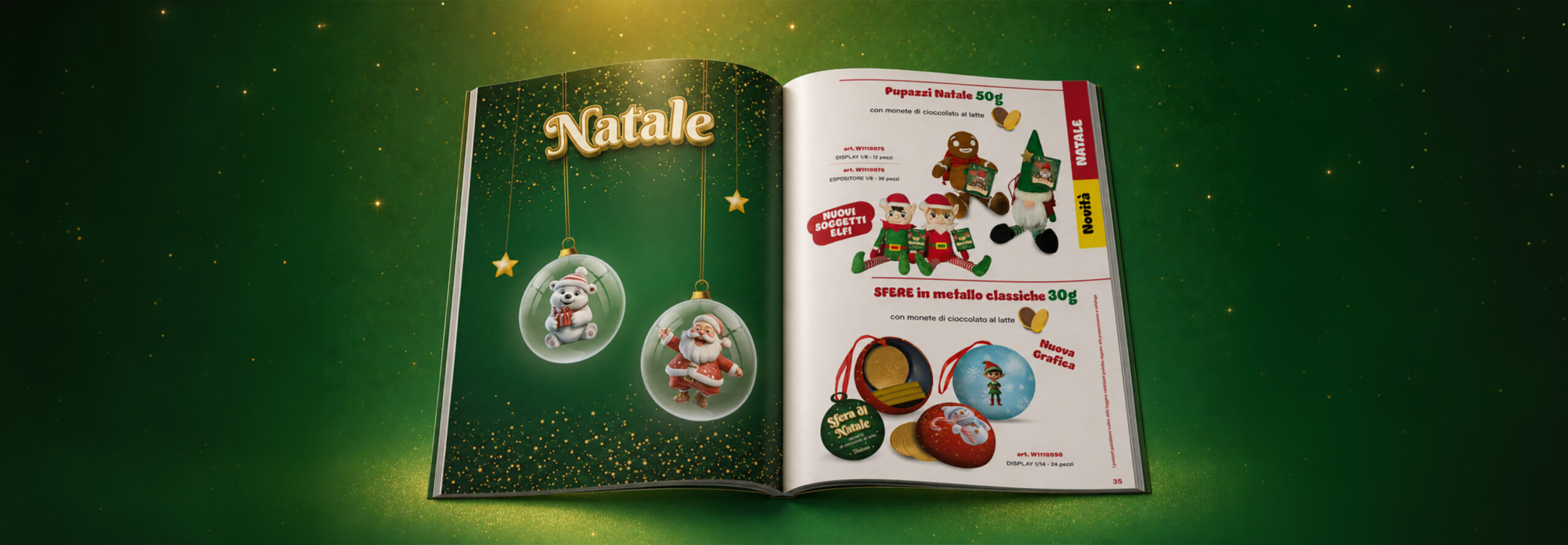 Open holiday catalog on a green background, left page with hanging ornaments and 'Natale'; right page shows Christmas toys and decorations.