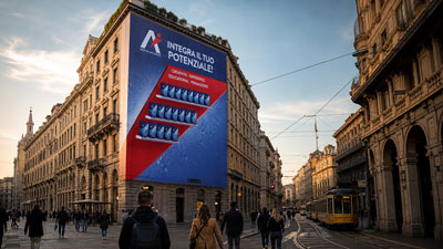 Large blue advertisement covering the side of a historic building on a busy European street, with a red panel and logo, pedestrians walking, and a tram on the right.