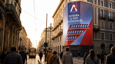 Busy city street at sunset with pedestrians and trams; a tall building features a blue/red advertisement reading 'INTEGRA IL TUO POTENZIALE'