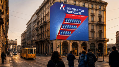 Outdoor city street with a large blue billboard showing a red staircase and shoes, text 'Integra il tuo potenziale' on a building facade