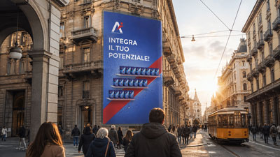Tall blue advertising poster on a city street reading 'INTEGRA IL TUO POTENZIALE!' with a staircase graphic; pedestrians nearby and a yellow tram in the background.