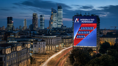 Evening city skyline with a large illuminated billboard displaying the Italian slogan 'INTEGRA IL TUO POTENZIALE'.