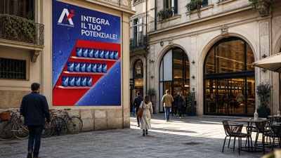 Street scene with a large blue and red advertisement on a stone building as pedestrians pass by