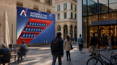 Pedestrian street with a large blue advertisement board reading 'Integra il tuo potenziale!' as people walk by and bicycles nearby.