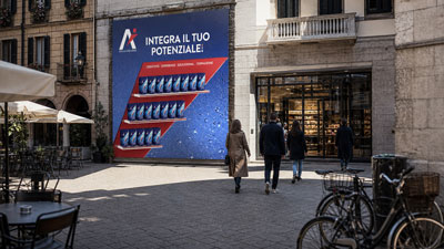 Street scene with a large blue advertisement poster reading 'Integra il tuo potenziale' on a storefront wall as pedestrians walk by.