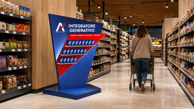 Shoppers browse a blue promotional display for Integratore Generativo in a supermarket aisle.