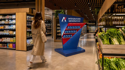 Woman in a beige coat walks past a blue promotional kiosk in a supermarket aisle; produce is visible on the right and shelves on the left.