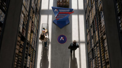 Top-down view of a library aisle with tall shelves, three people walking, a blue promotional display, and a circular logo on the floor.