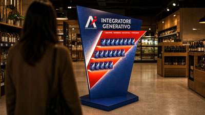 Blue display stand in a store showing small blue product boxes arranged in rows, labeled Integratore Generativo; a person in a brown coat stands nearby.