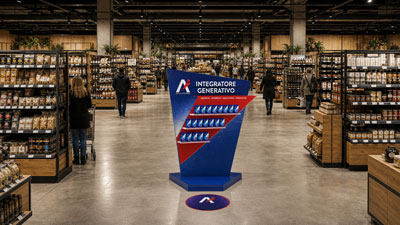 Blue promotional display in the middle of a warehouse-style store with shelves full of products and shoppers passing by.