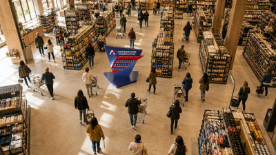 Busy indoor store with shoppers walking between tall shelves; a large blue promotional display stands at the center.