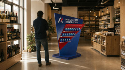Man browses a supplement shop, standing near a blue display rack labeled 'Integratore Generativo' with shelves of bottles around.