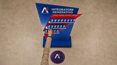 Person points at a blue Integratore Generativo display with rows of sachets on a beige floor, circle logo visible nearby.