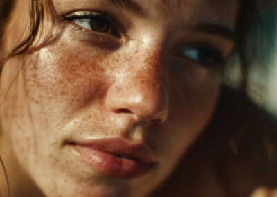 Close-up of a freckled woman's face, showing lips, nose, and one eye in warm light.