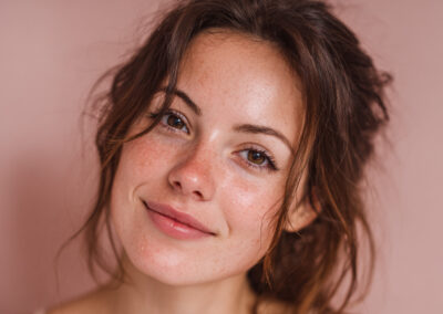 Close-up portrait of a smiling woman with freckles and brown hair against a soft pink background.